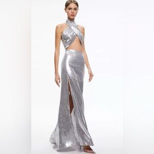 Alice & Olivia Halter neck silver sequin gown
